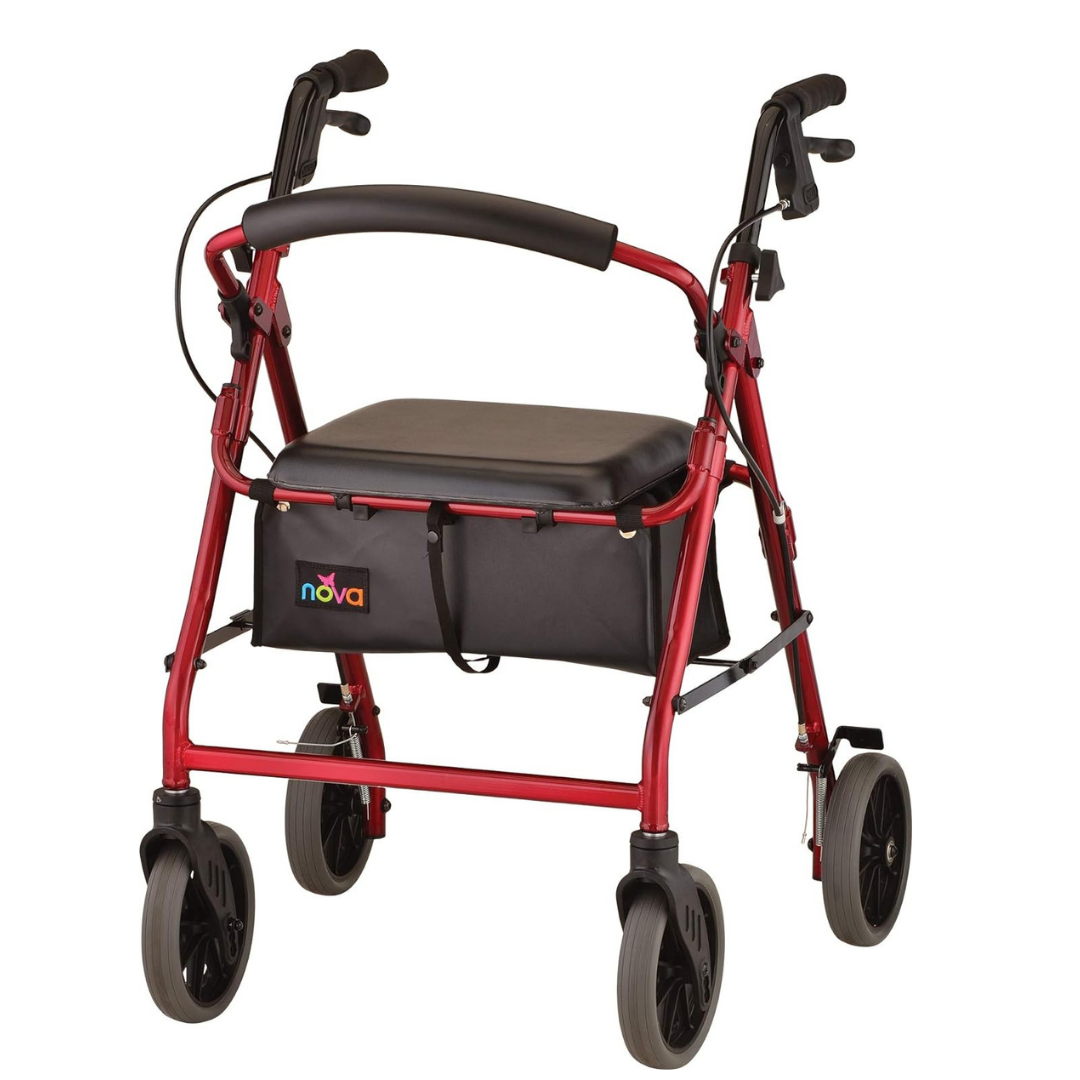 The Nova Medical Zoom Rollator Rolling Walker offers 4 size options and features a red frame, four wheels, black handles, a padded seat with backrest, storage pouch beneath the seat, and convenient mobility assistance.